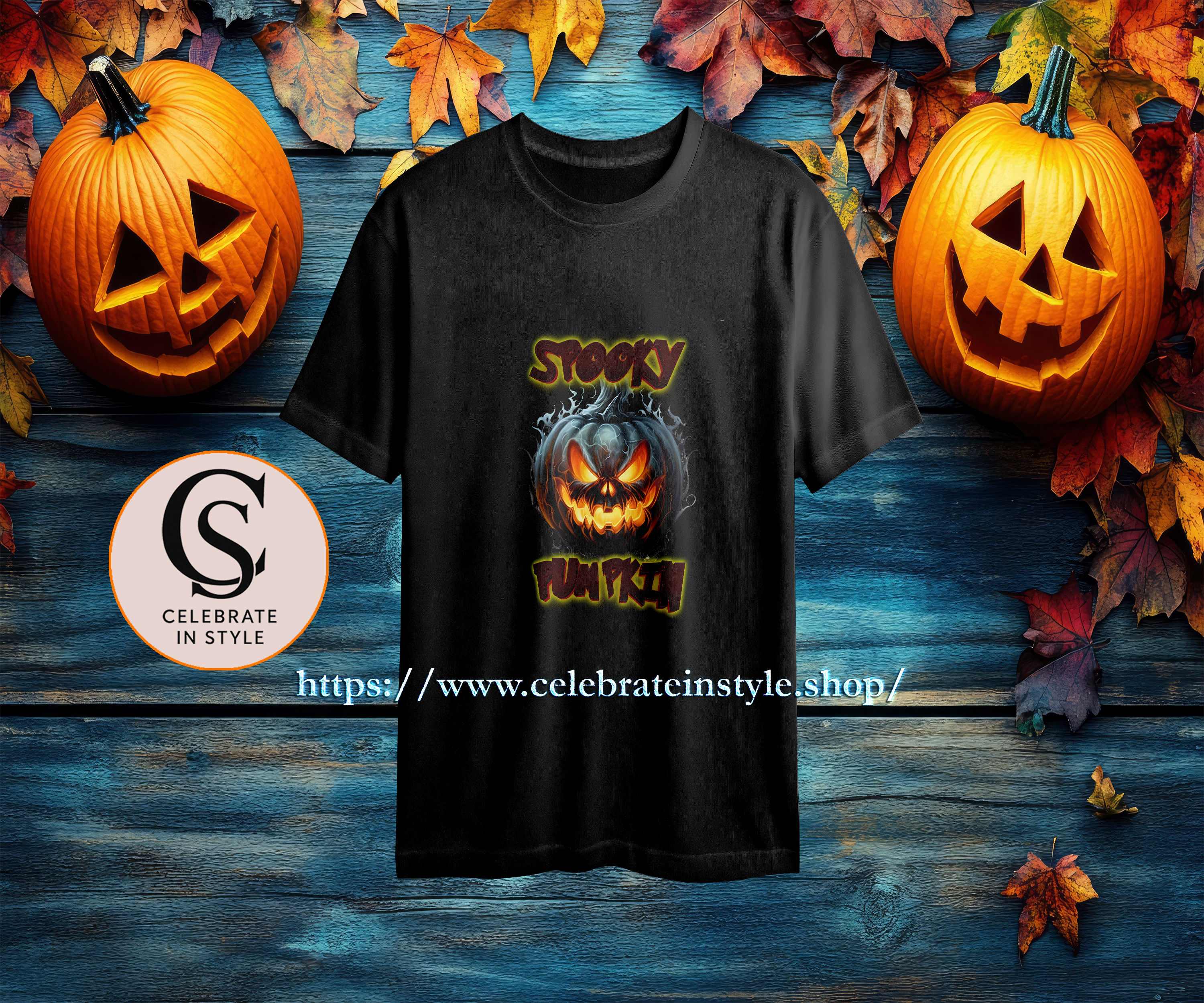 Black t-shirt with "SPOOKY VIBES" text and scary pumpkin design.