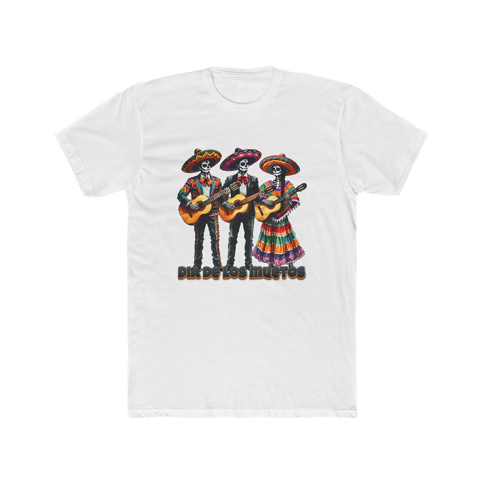 Thumbnail: White t-shirt with colorful skeletons playing guitars for Dia de los Muertos.