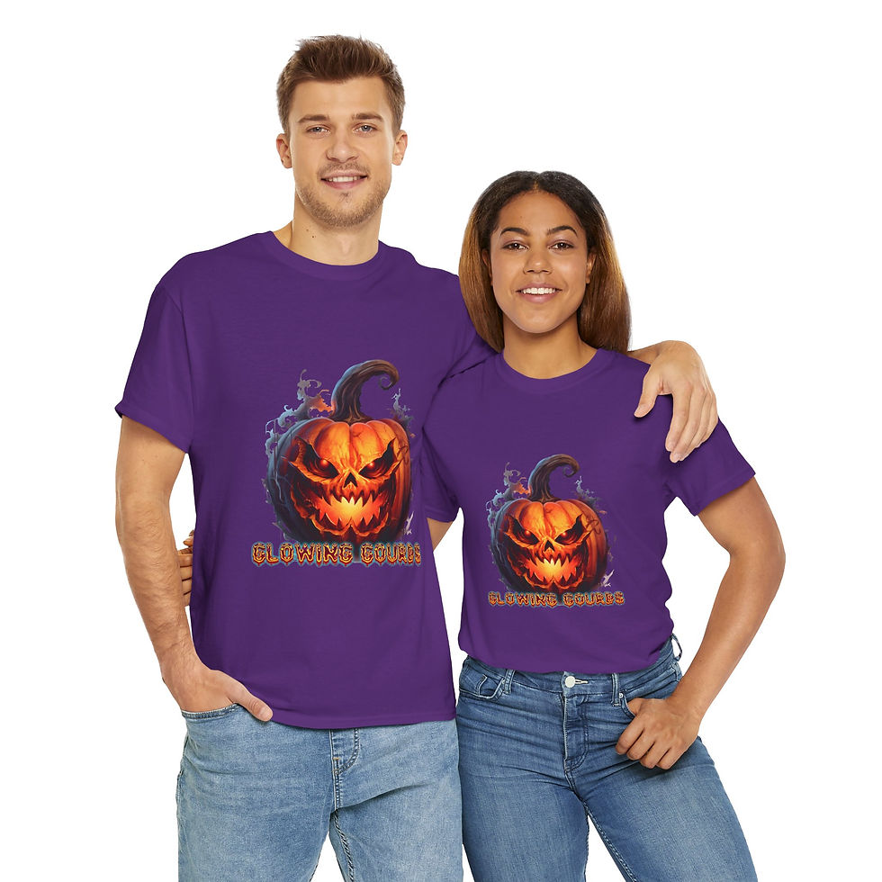 Thumbnail: Couple in purple Halloween Is Here t-shirts with scary jack-o'-lantern design.