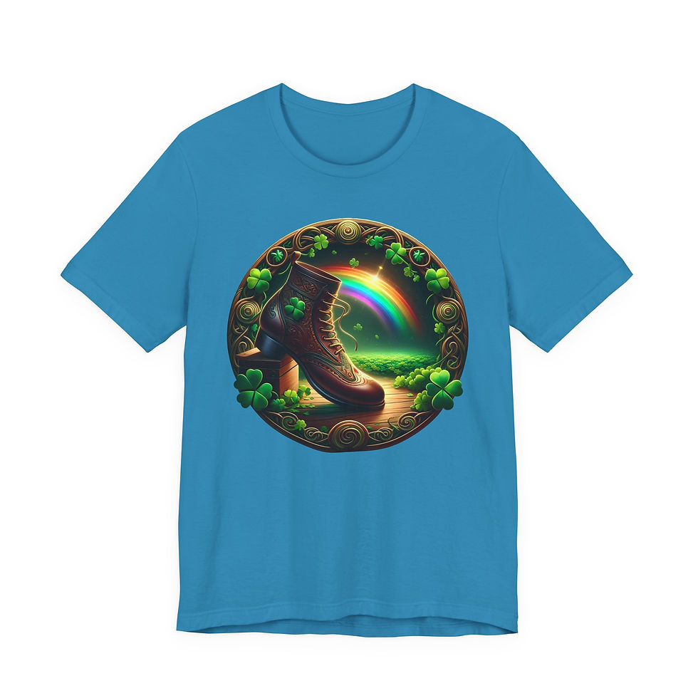 Thumbnail: Blue t-shirt with leprechaun shoe, rainbow, clovers, Saint Patrick's Day Collection-13