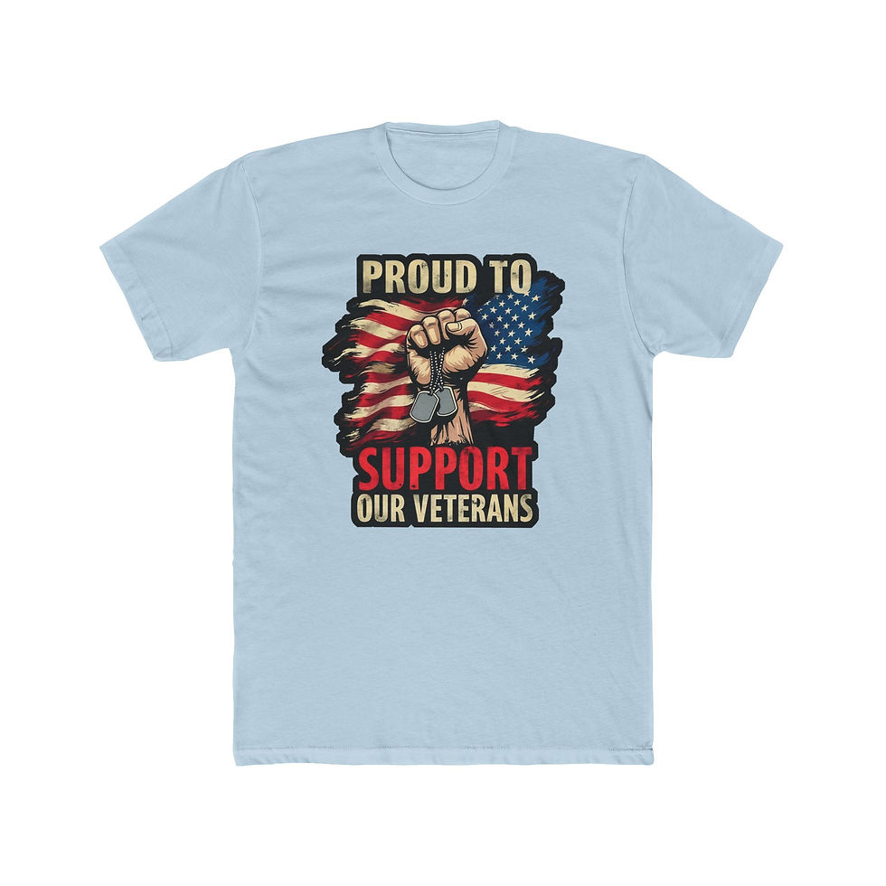 Thumbnail: Light blue t-shirt featuring 'PROUD TO SUPPORT OUR VETERANS' American flag fist design.