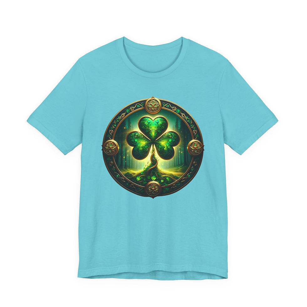 Thumbnail: Light blue t-shirt with a glowing green shamrock and ornate Celtic border.