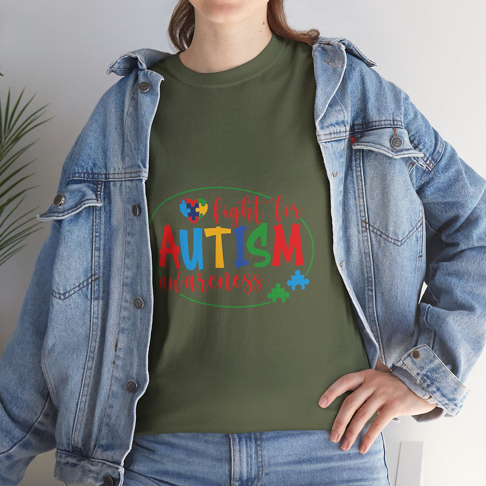 Thumbnail: Person wears green t-shirt with colorful AUTISM Awareness puzzle piece design.