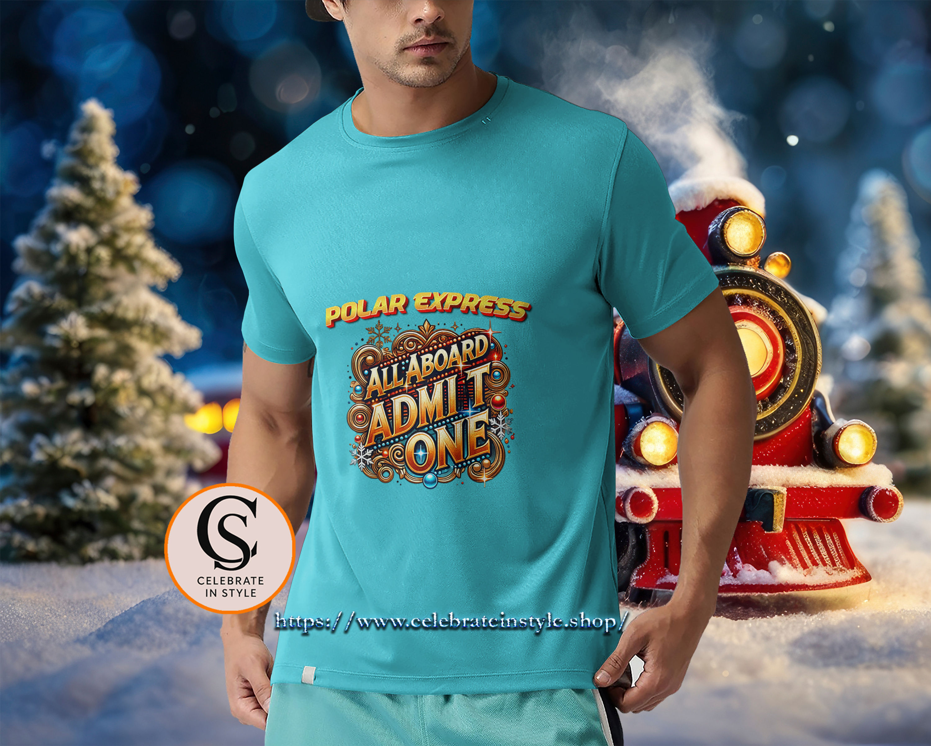 Man wearing teal Polar Express All Aboard Admit One t-shirt.