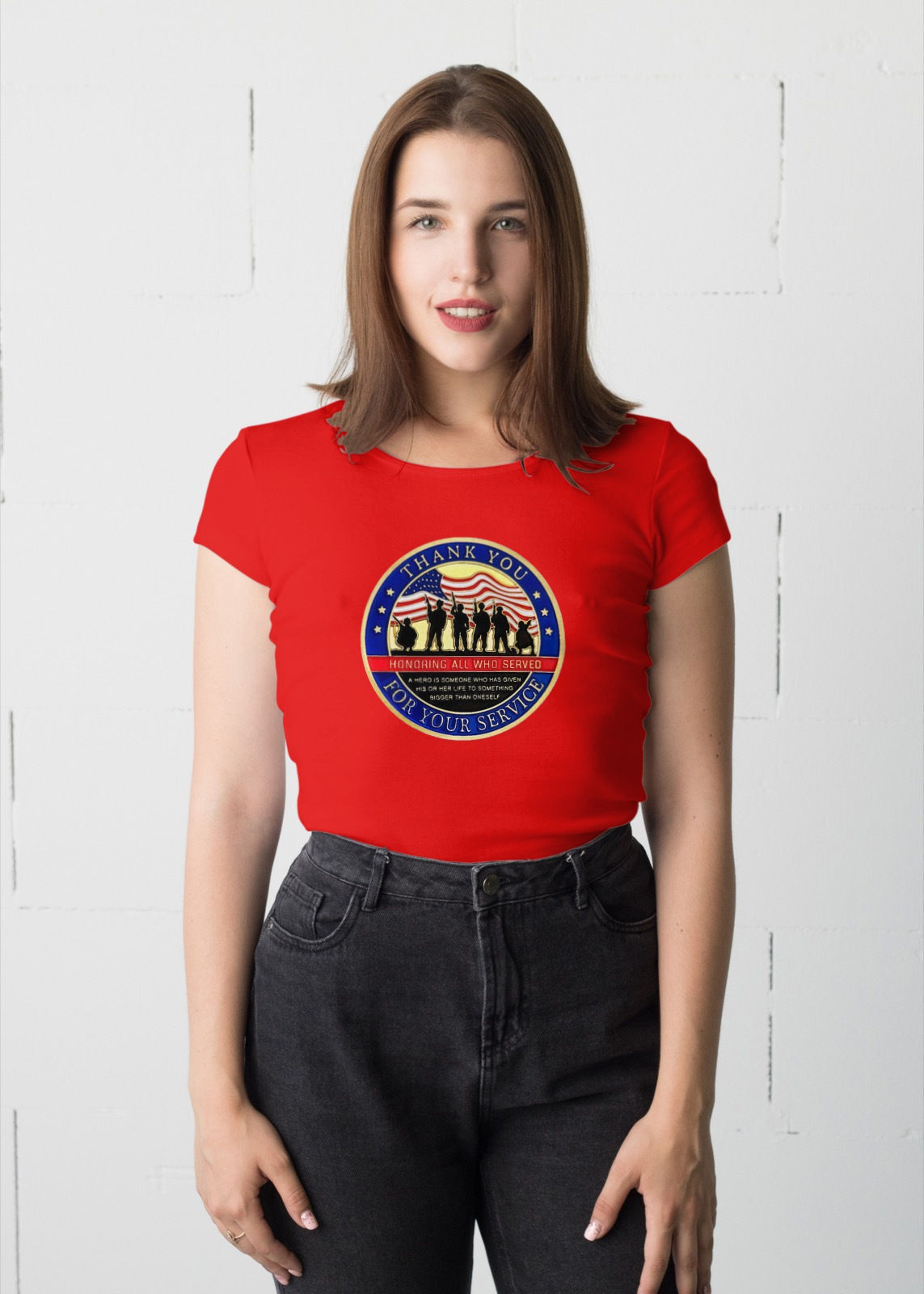 Woman in red t-shirt, Happy Veteran Day, Patriotic Shirt design.