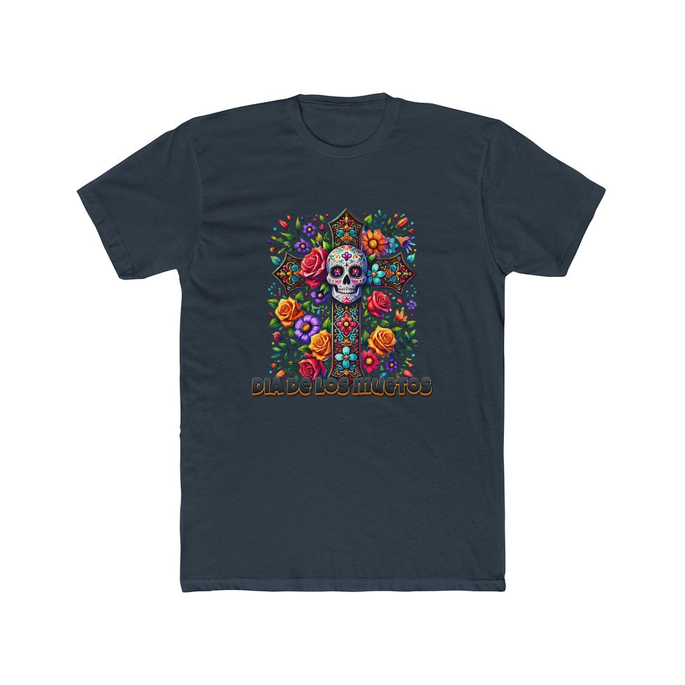 Thumbnail: Navy t-shirt features a colorful sugar skull amidst vibrant flowers.