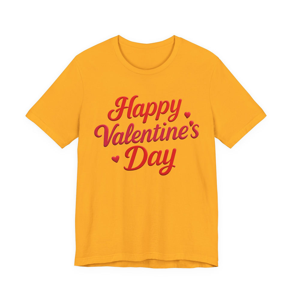 Thumbnail: Yellow t-shirt with "Happy Valentine's Day" in red text and hearts.