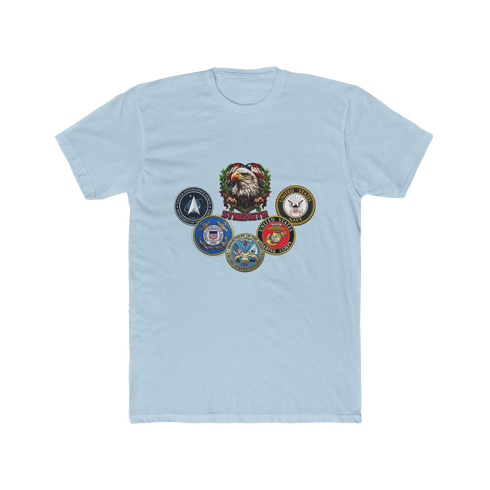 Thumbnail: Light blue t-shirt with bulldog and five US military branch seals.