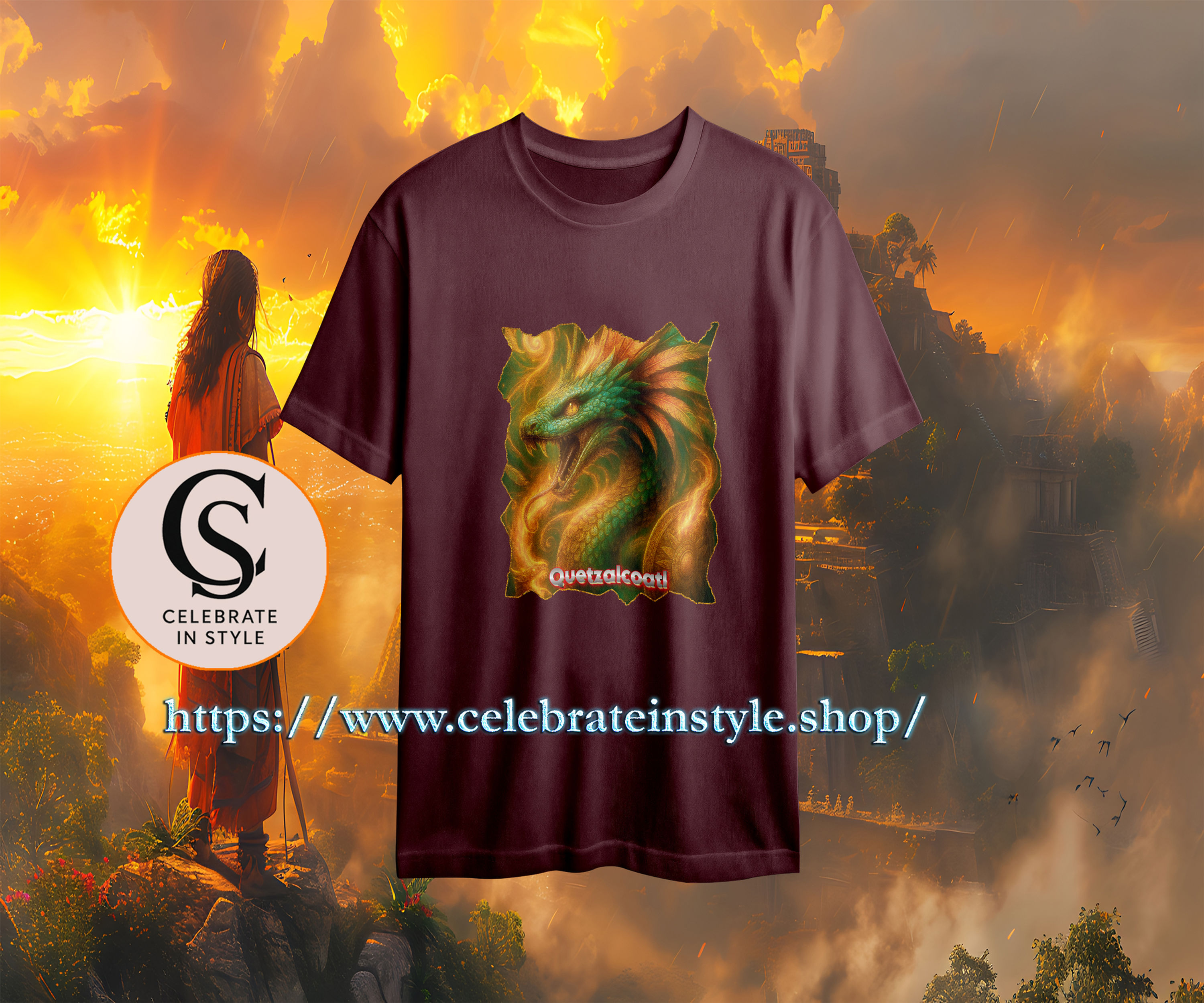 Dark red t-shirt with green, gold dragon design and "celebrateinstyle.shop" text.