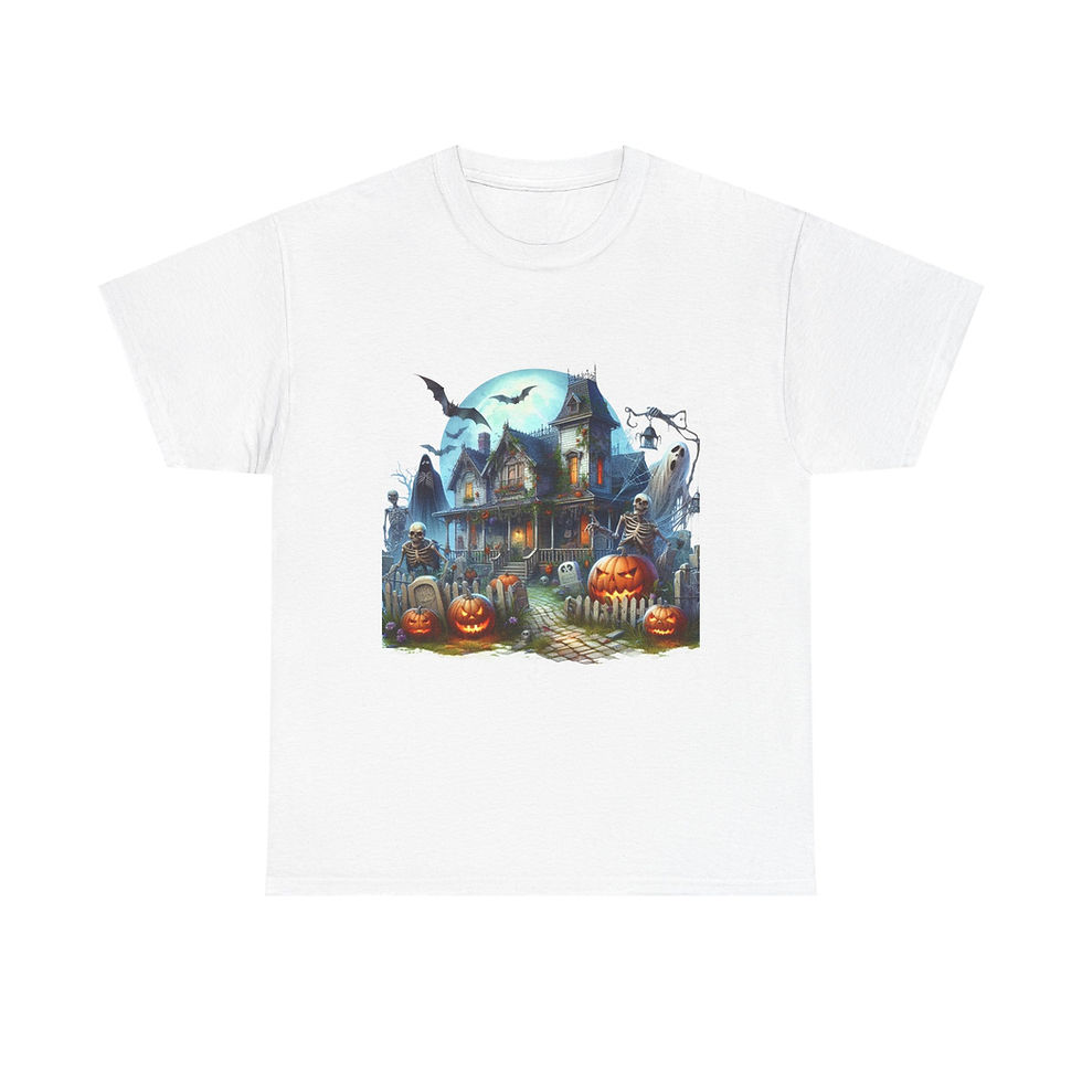 Thumbnail: White t-shirt featuring spooky haunted house and pumpkins, perfect for Halloween.