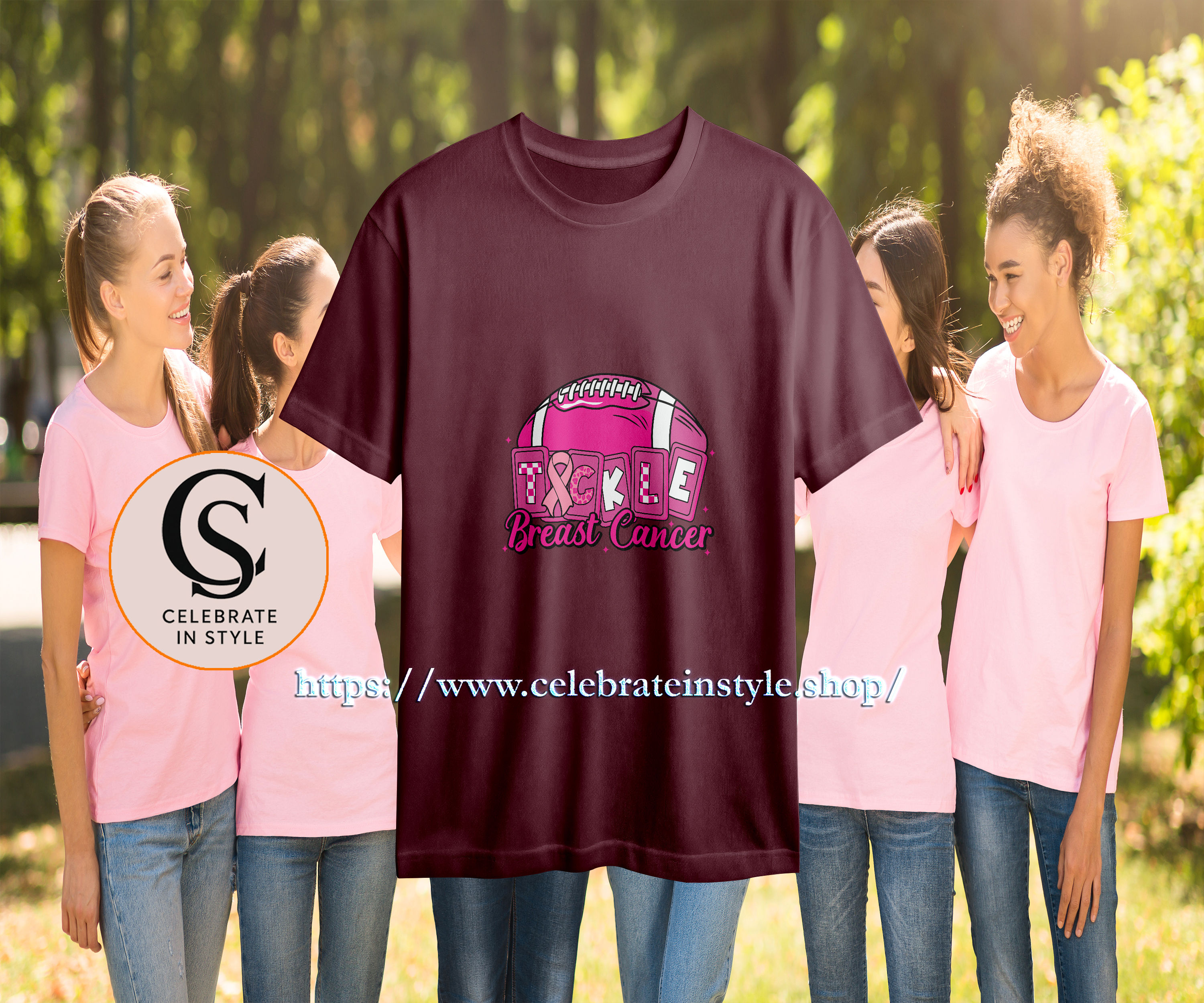 Dark red "SIXTEE CELEBRATE IN STYLE" t-shirt, celebrateinstyle.shop website.