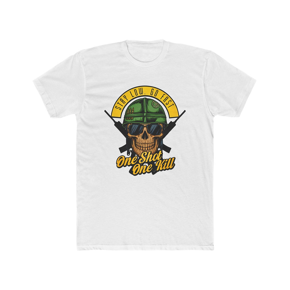 Thumbnail: White t-shirt, skull in military helmet, "LIVE TO BE FREE", "FREEDOM ISN'T FREE"