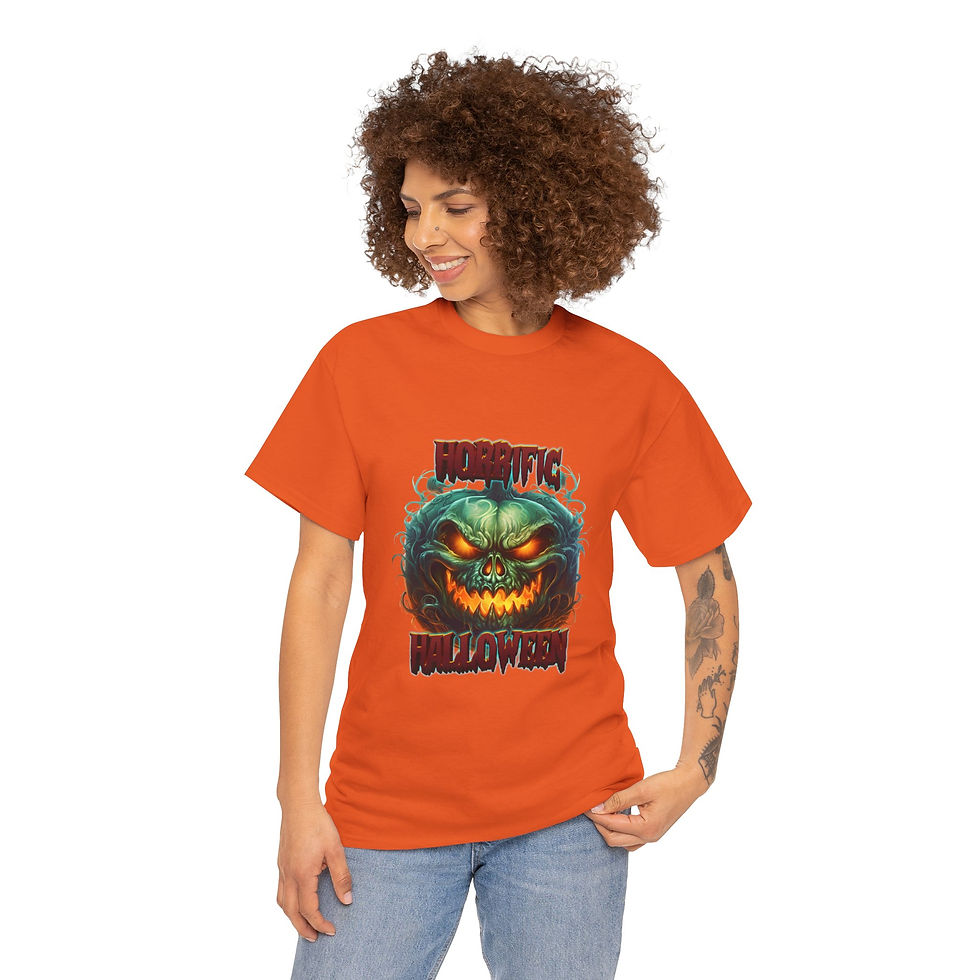 Thumbnail: Smiling woman in orange "JUST A BIT CRANKY" Halloween pumpkin t-shirt.