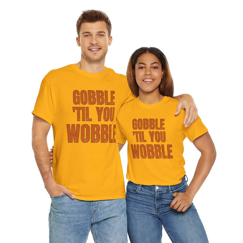 Thumbnail: Man and woman smiling in matching GOBBLE 'TIL YOU WOBBLE yellow shirts.