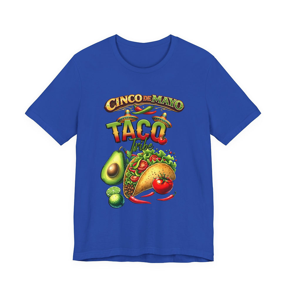 Thumbnail: Blue t-shirt with "CINCO DE MAYO TACO" graphic, avocado, and chili peppers.