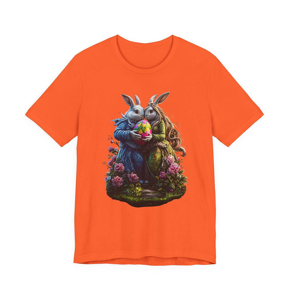Thumbnail: Two snuggling bunnies holding an Easter egg, on an orange t-shirt.