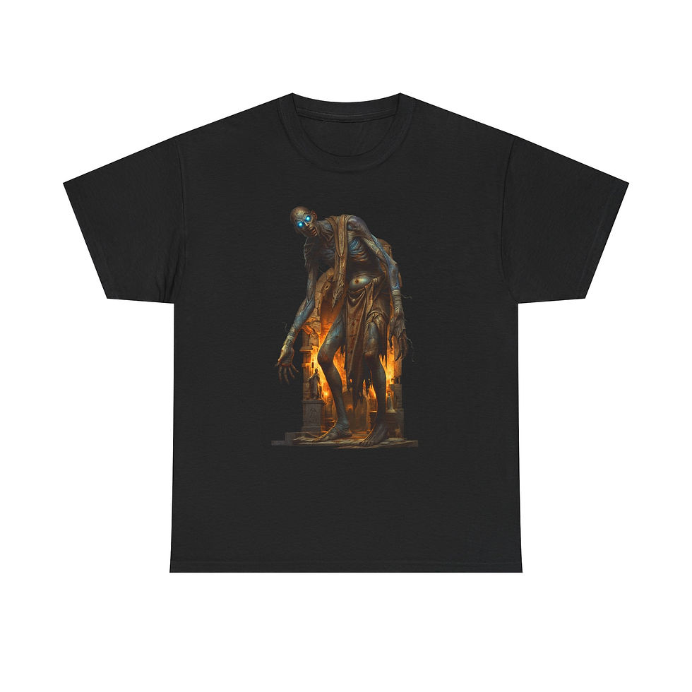 Thumbnail: Black t-shirt with fiery warrior graphic holding a burning sword.
