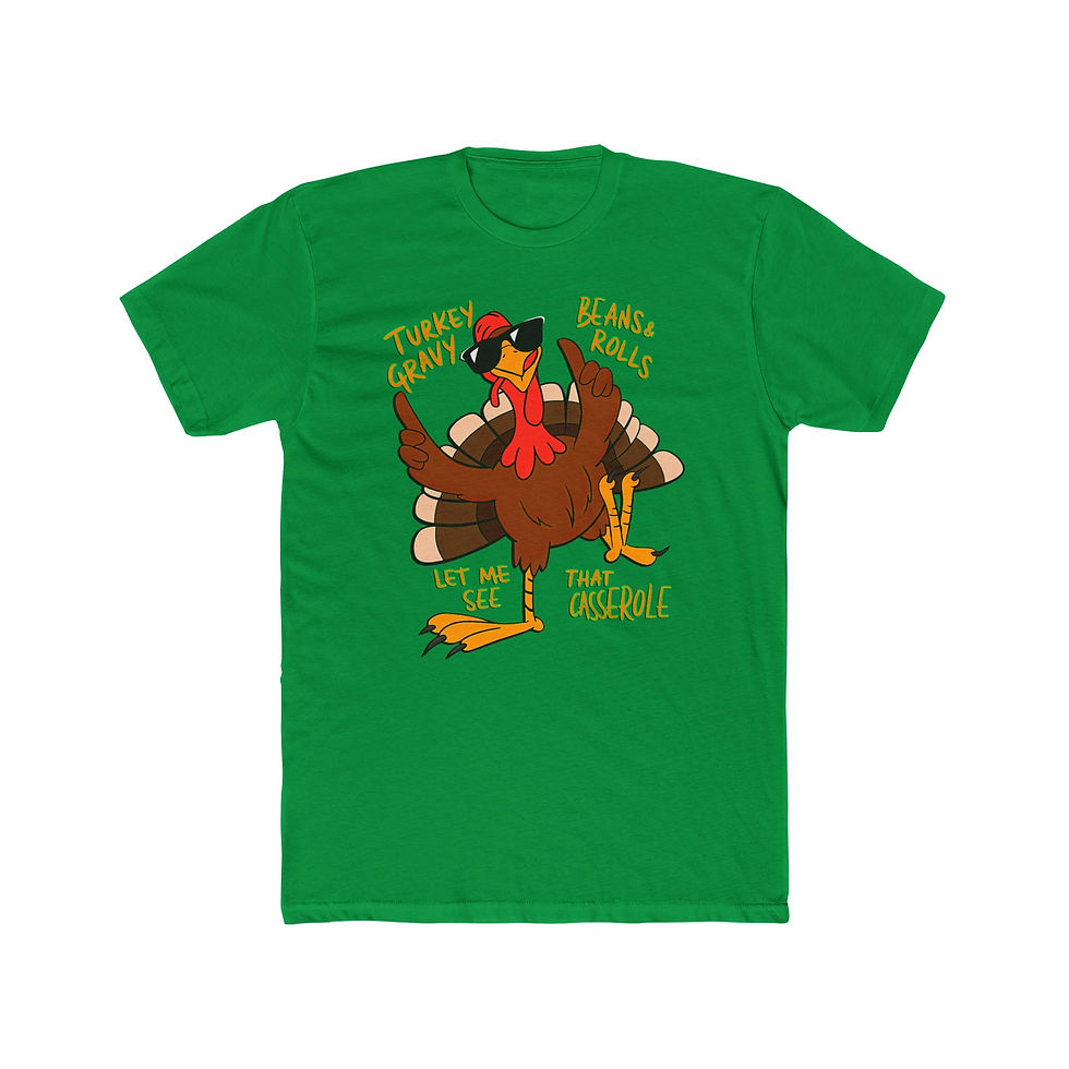 Thumbnail: Green t-shirt with flexing turkey in sunglasses, "LET ME SEE THAT CASSEROLE".