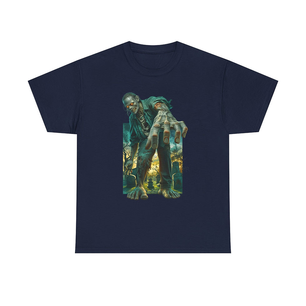 Thumbnail: Dark blue t-shirt with a skeletal green and yellow zombie graphic.