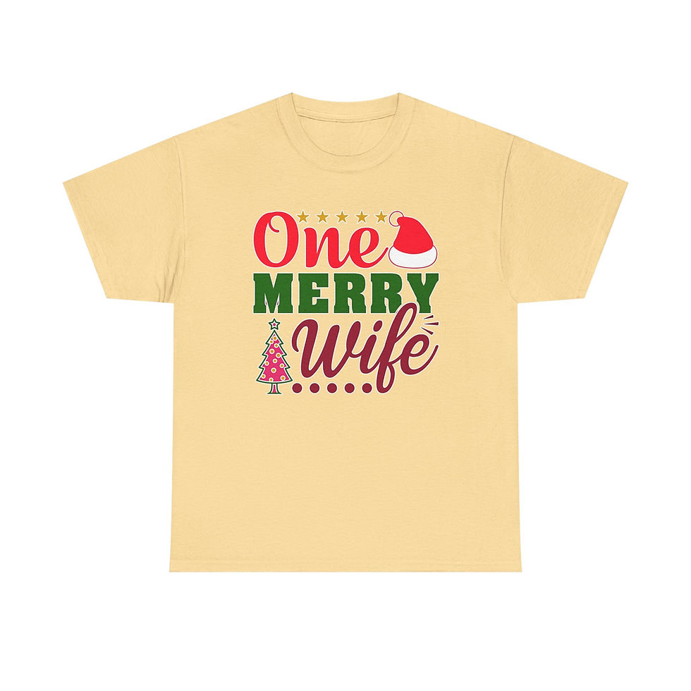 Thumbnail: Yellow t-shirt features 'Happy One Merry Wife' text, Santa hat, small tree.