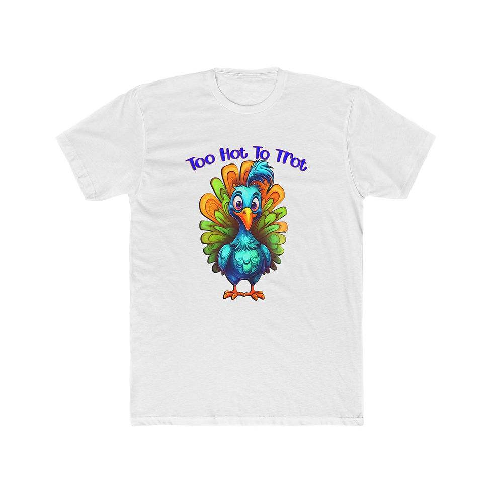 Thumbnail: White t-shirt, colorful goofy turkey, 'too hot to trot' text, cute animal shirt.