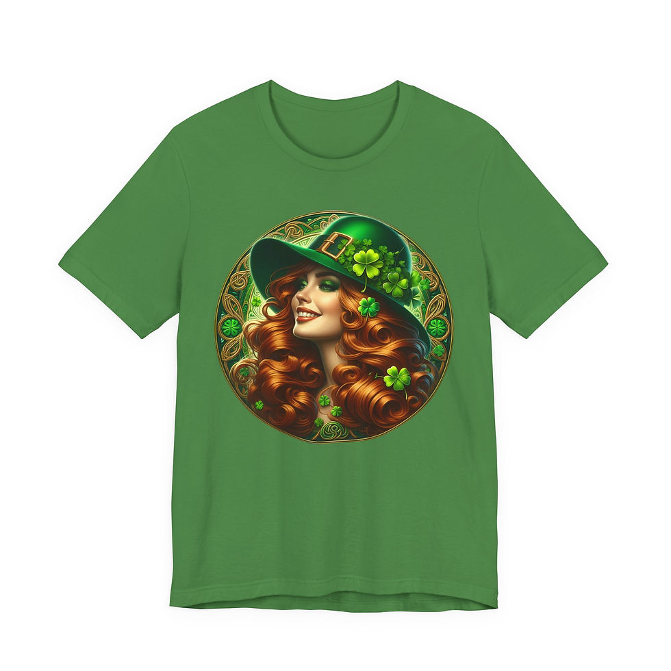 Thumbnail: Green t-shirt with smiling woman in leprechaun hat and shamrocks.