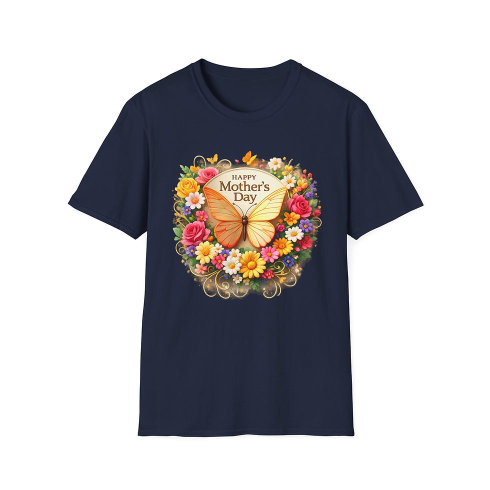 Thumbnail: Dark blue t-shirt with "Happy Mother's Day" butterfly and floral wreath.