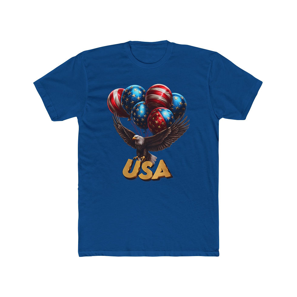 Thumbnail: Blue t-shirt, eagle holding patriotic balloons, with bold "USA" text.