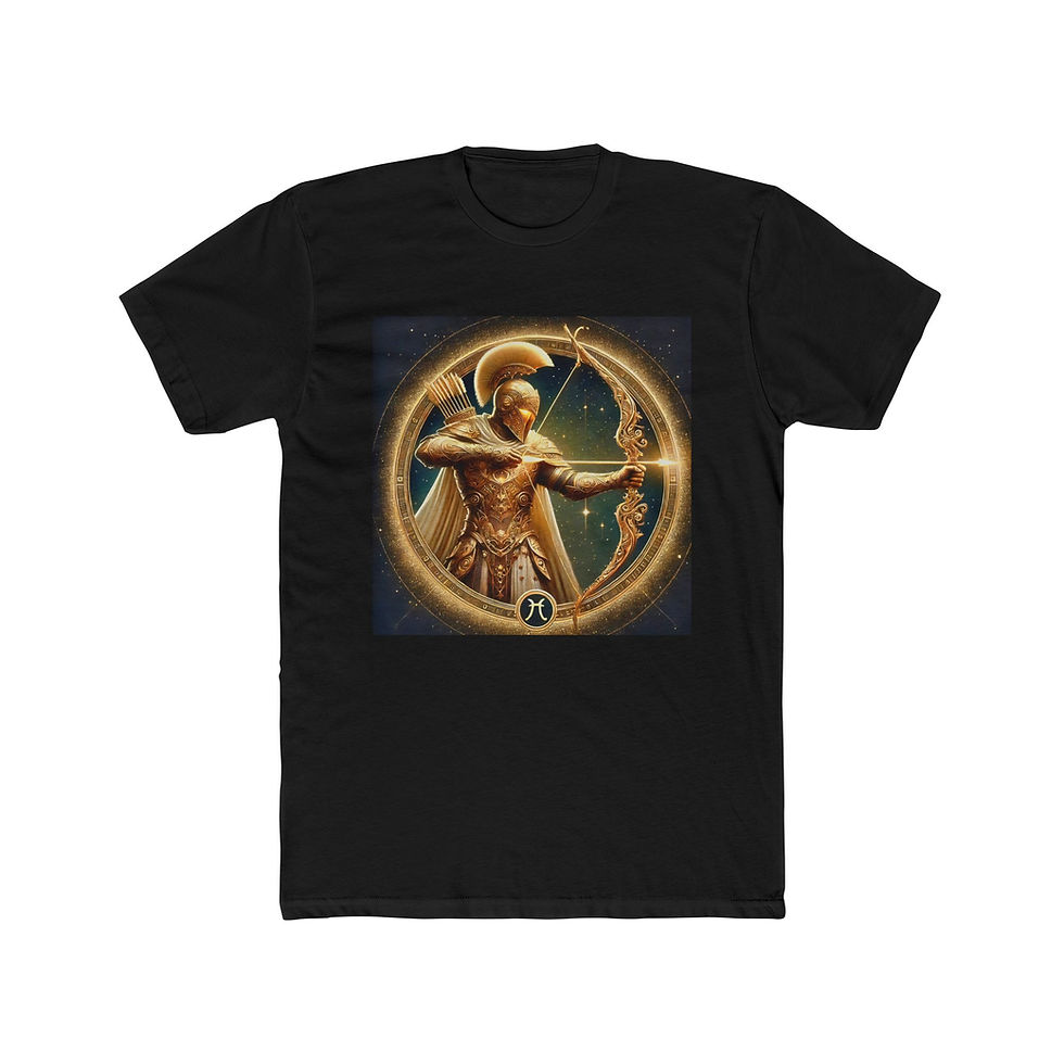 Thumbnail: Black t-shirt, golden armored archer in circular frame, mythological design.