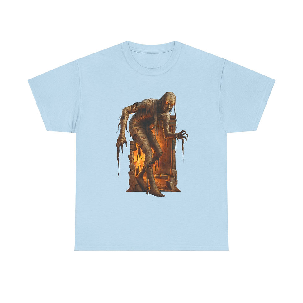 Thumbnail: Light blue t-shirt, spooky monster, Ghostly Graveyard Art design.