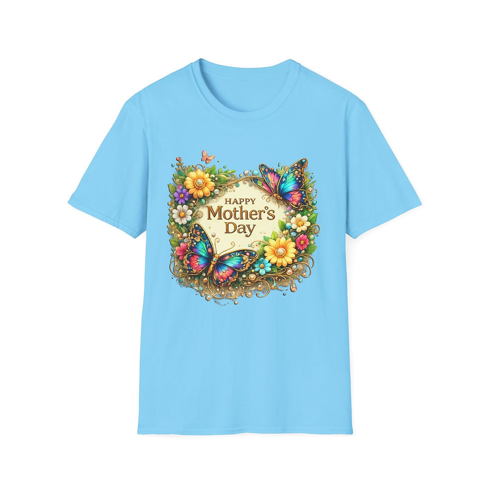 Thumbnail: Light blue t-shirt with 'Happy Mother's Day' floral wreath and butterflies design.