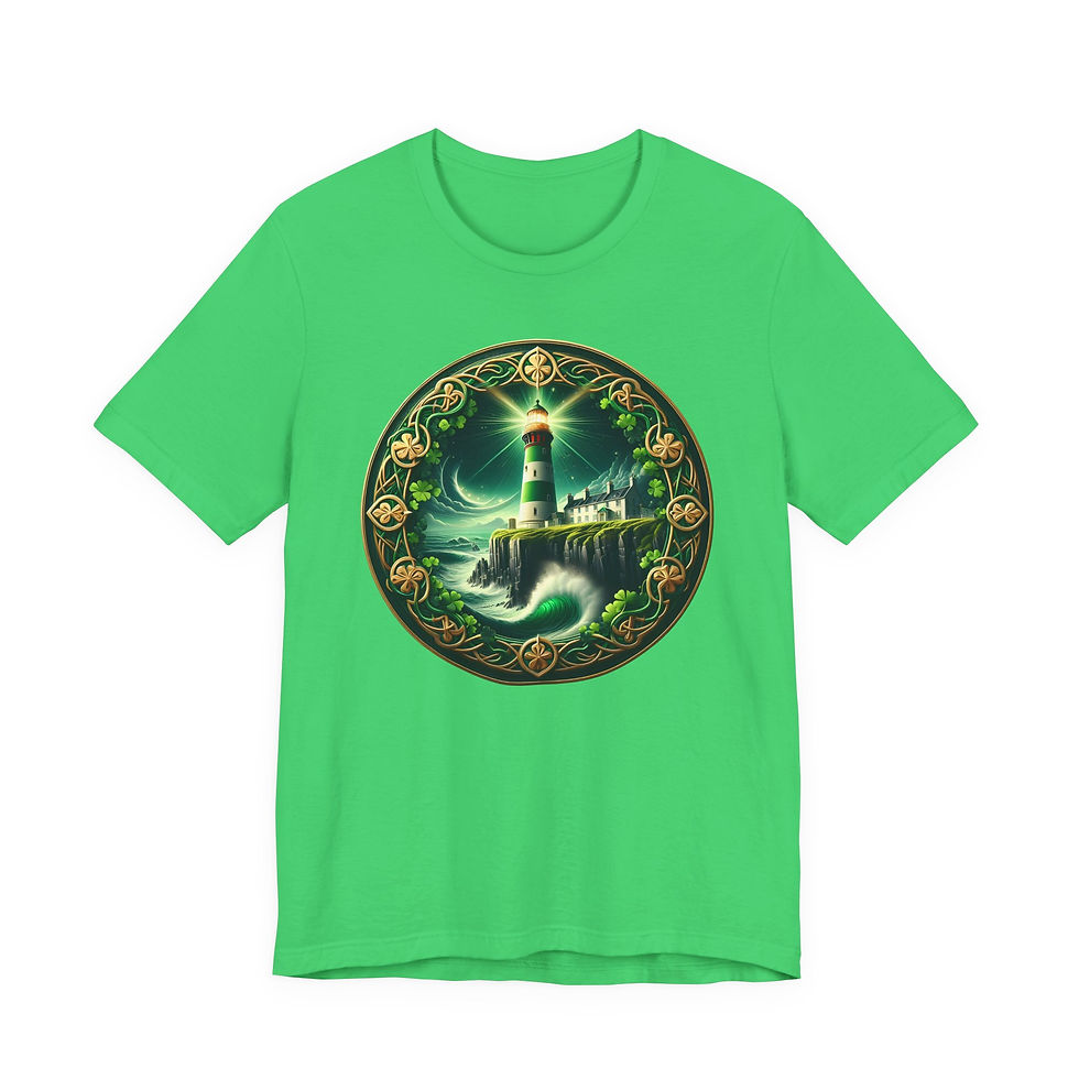 Thumbnail: Green t-shirt with a magical lighthouse on cliff in ornate circular frame.