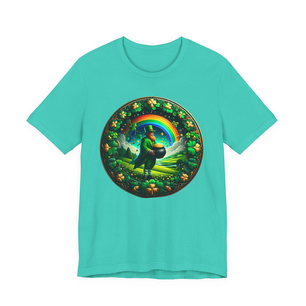 Thumbnail: Turquoise t-shirt featuring leprechaun with pot of gold, rainbow, and clovers.