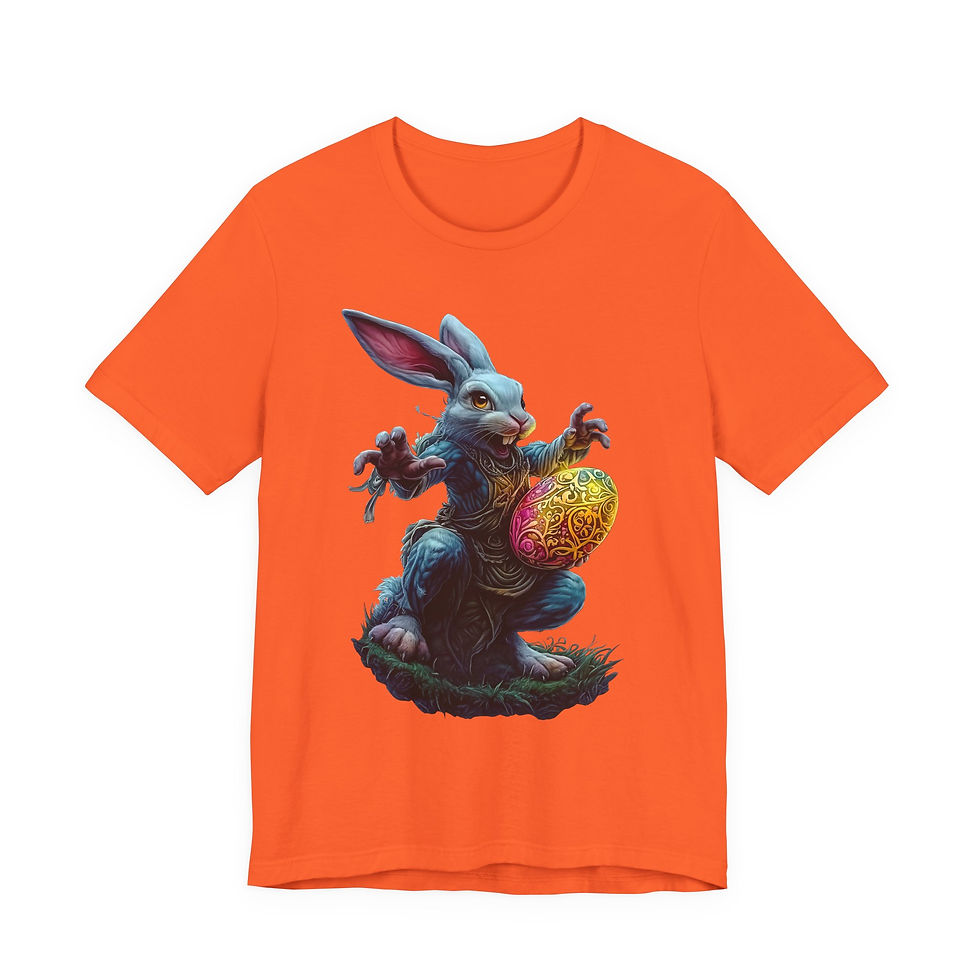 Thumbnail: Orange t-shirt featuring a scary blue rabbit holding a colorful Easter egg.