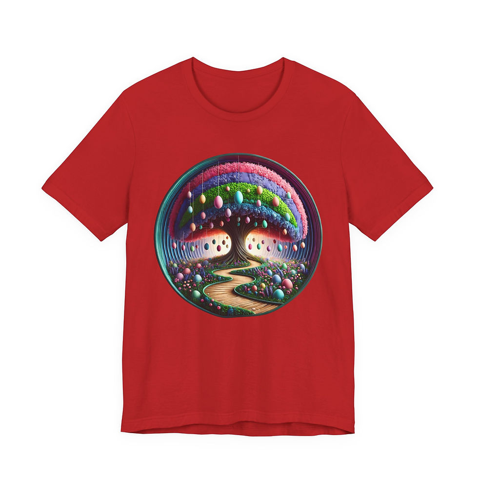 Thumbnail: Red t-shirt with a colorful whimsical tree design inside a bubble.