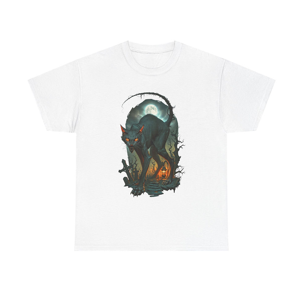 Thumbnail: White t-shirt with spooky black cat, scythe, moon, and pumpkin design.