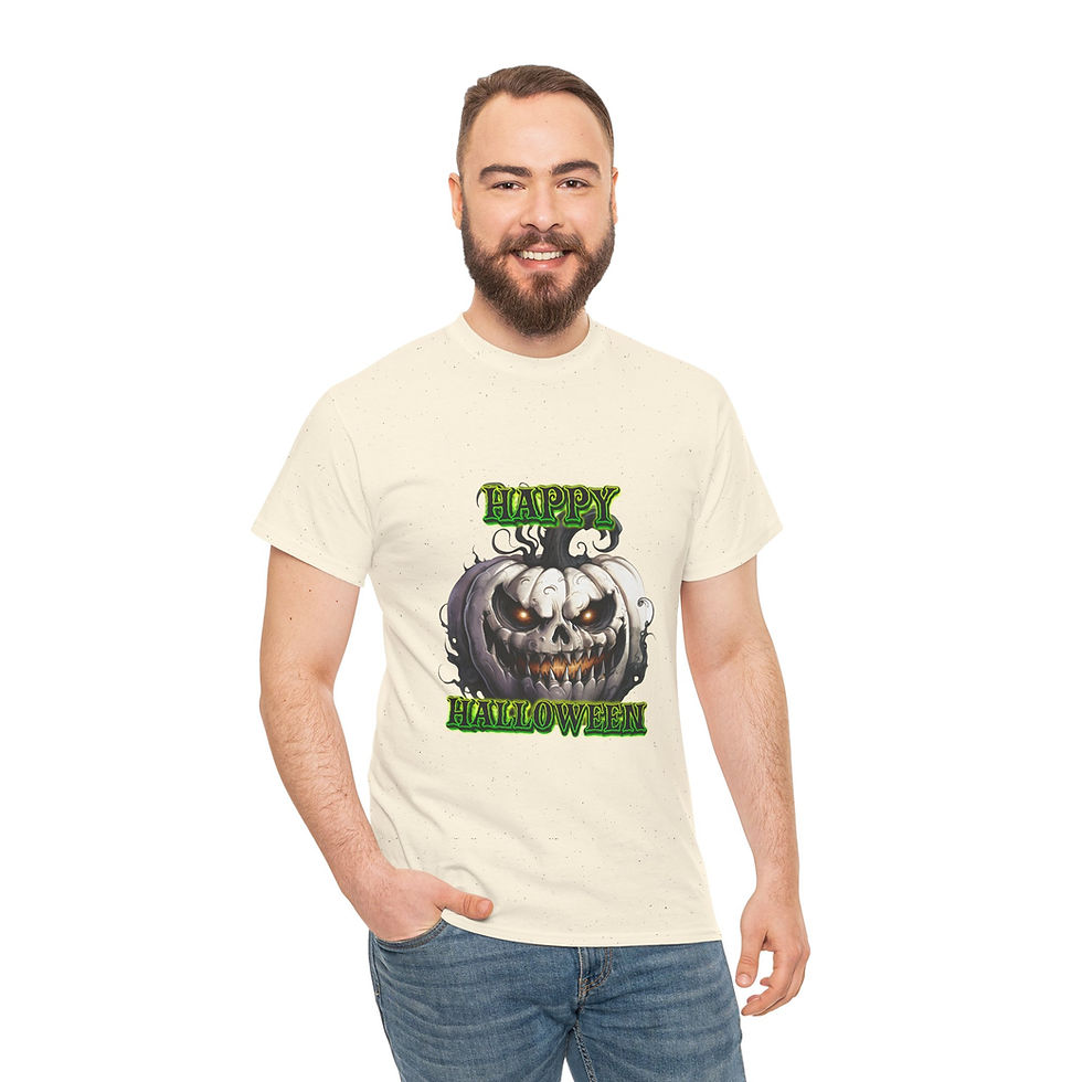 Man wearing Halloween pumpkin skull tee with 'HAPPY HALLOWEEN' text, smiling.