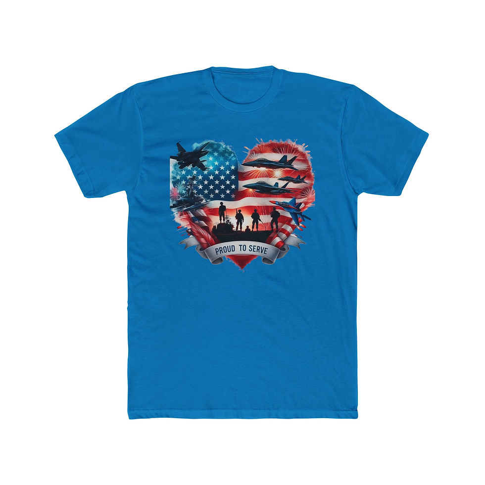 Thumbnail: Blue t-shirt, heart-shaped American flag graphic, military silhouettes, "NEVER FORGET" text.