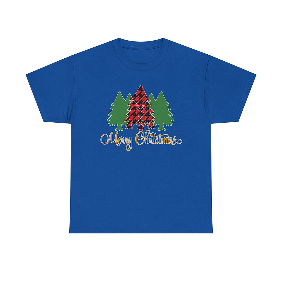 Thumbnail: Blue t-shirt, Merry Christmas text, buffalo plaid and green trees.