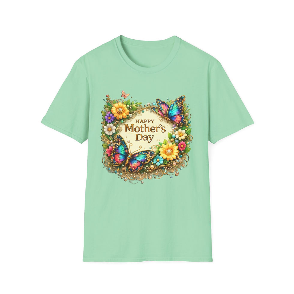 Thumbnail: Light green t-shirt with "Happy Mother's Day" text, floral wreath, butterflies.