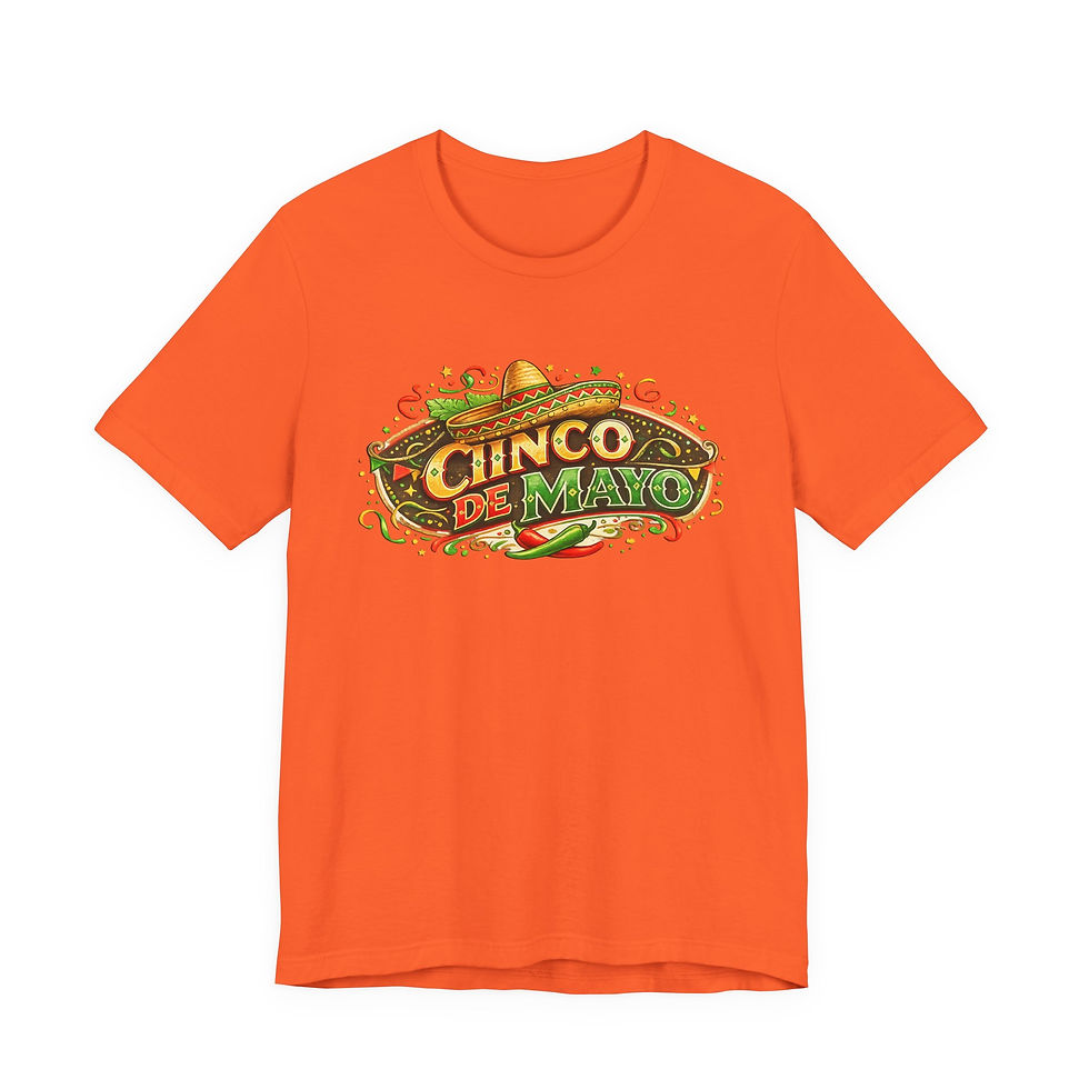 Thumbnail: Orange t-shirt with 'CINCO DE MAYO' text and sombrero graphics.