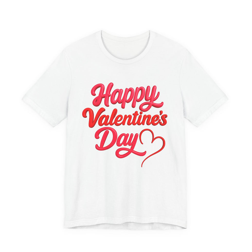 Thumbnail: White t-shirt with 'Happy Valentine's Day' in red script, heart graphic.