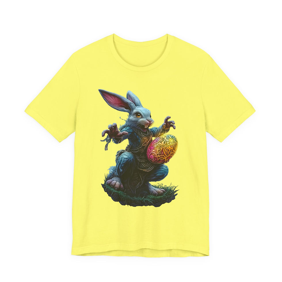 Thumbnail: Yellow t-shirt with blue Easter bunny holding a colorful decorated egg.