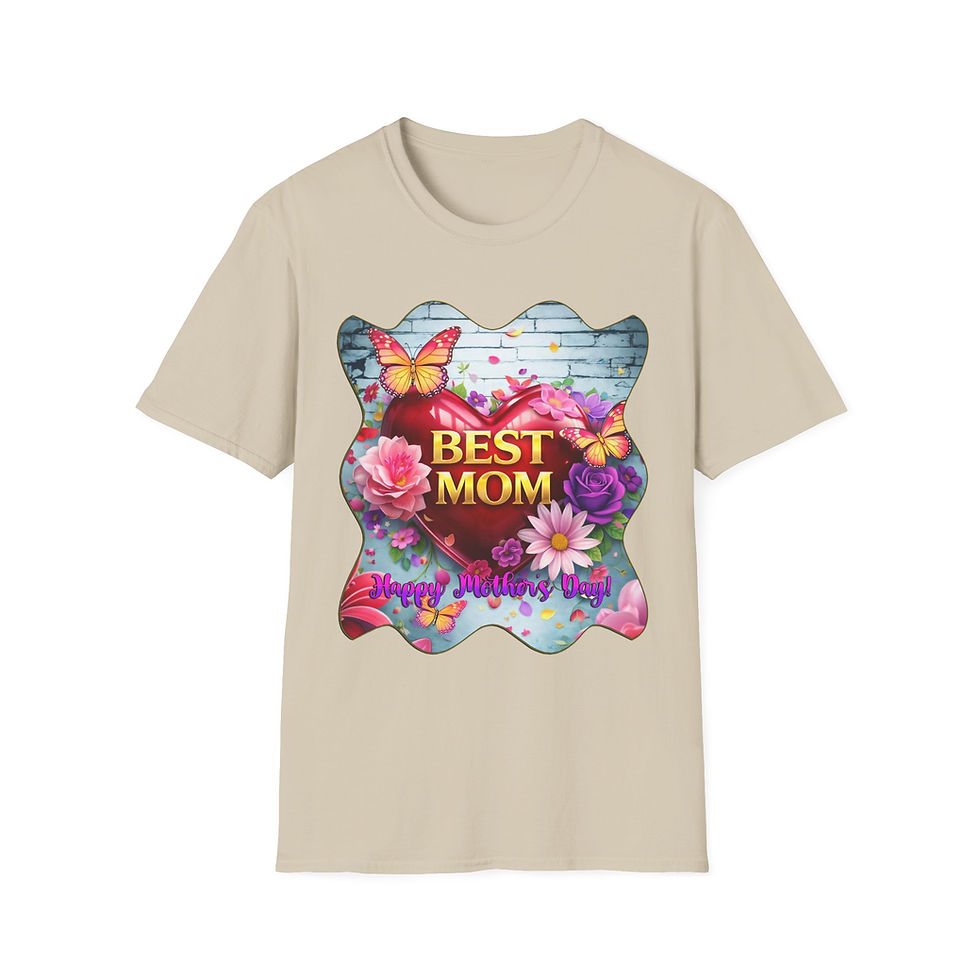 Thumbnail: Beige t-shirt with graphic heart, "BEST MOM" text, colorful flowers, butterflies.