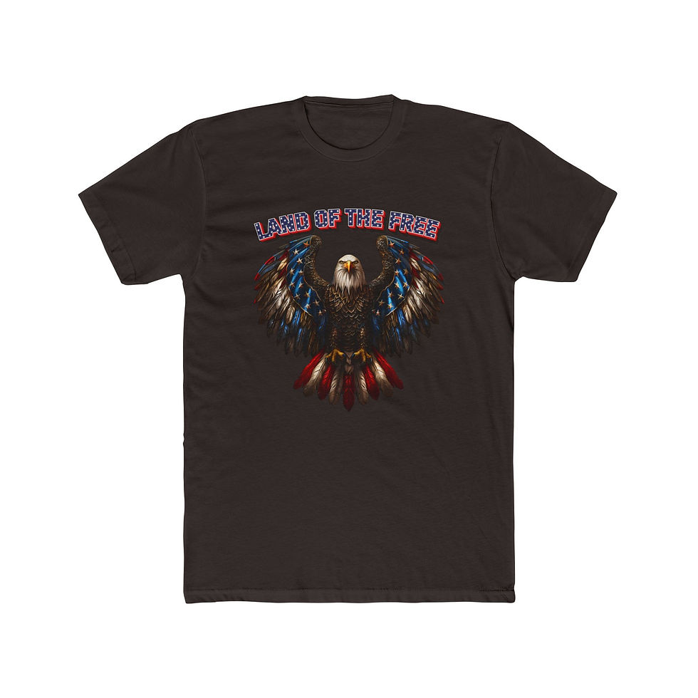 Thumbnail: Black t-shirt "LAND OF THE FREE" eagle holding rifles, patriotic design.