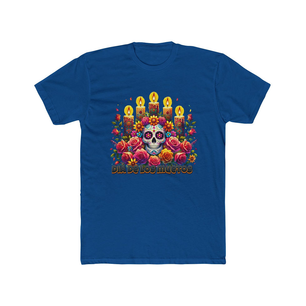 Thumbnail: Blue t-shirt, Dia de los Muertos sugar skull, flowers, and candles.