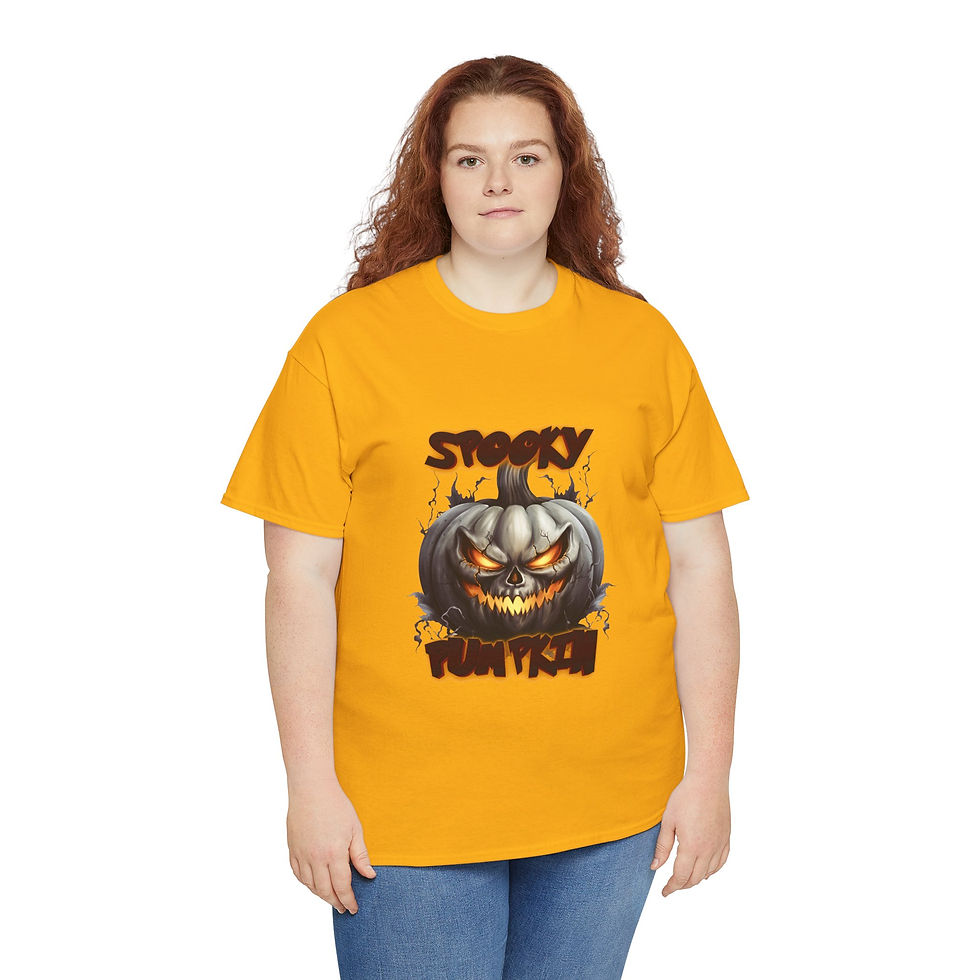 Thumbnail: Woman wearing yellow t-shirt, "SPOOKY YUM YUM" scary jack-o'-lantern design.
