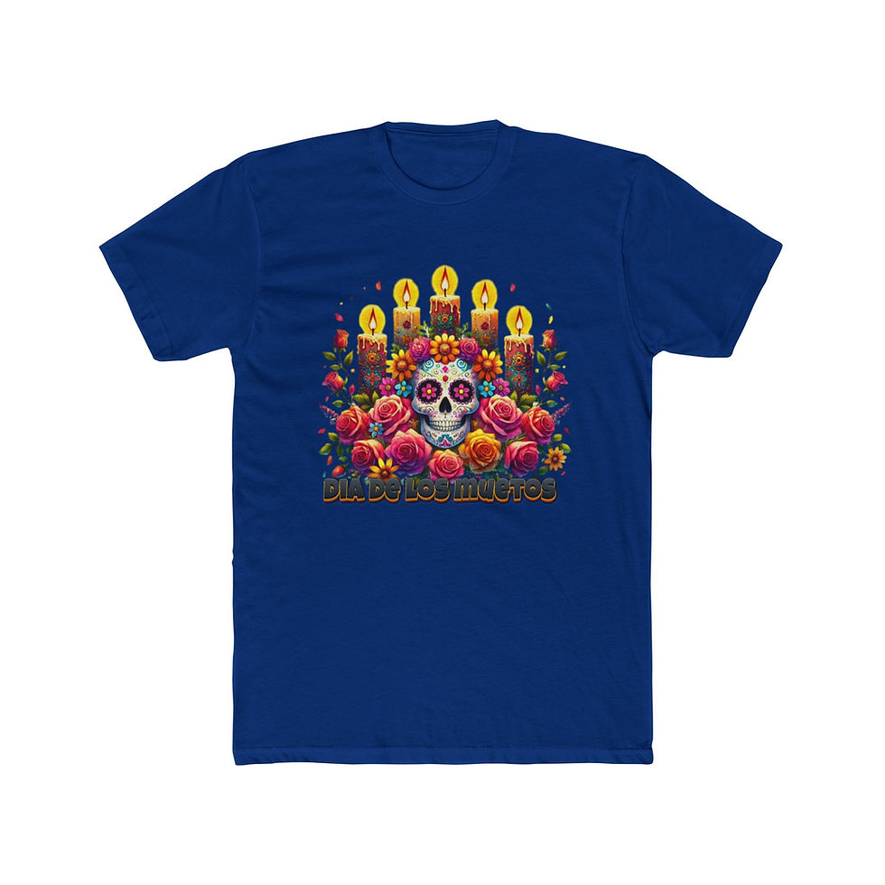 Thumbnail: Blue t-shirt with colorful sugar skull, marigolds, candles, Dia de los Muertos.
