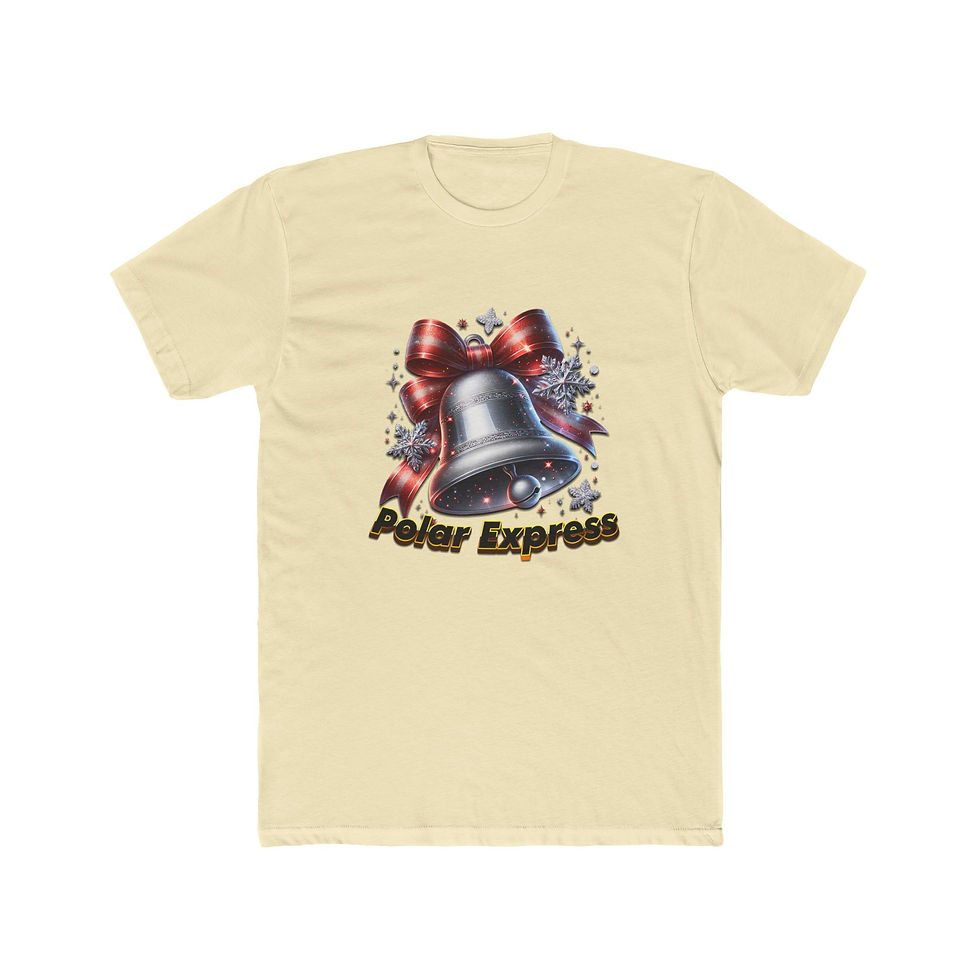 Thumbnail: Cream t-shirt featuring silver bell with red bow and "Polar Express" text.