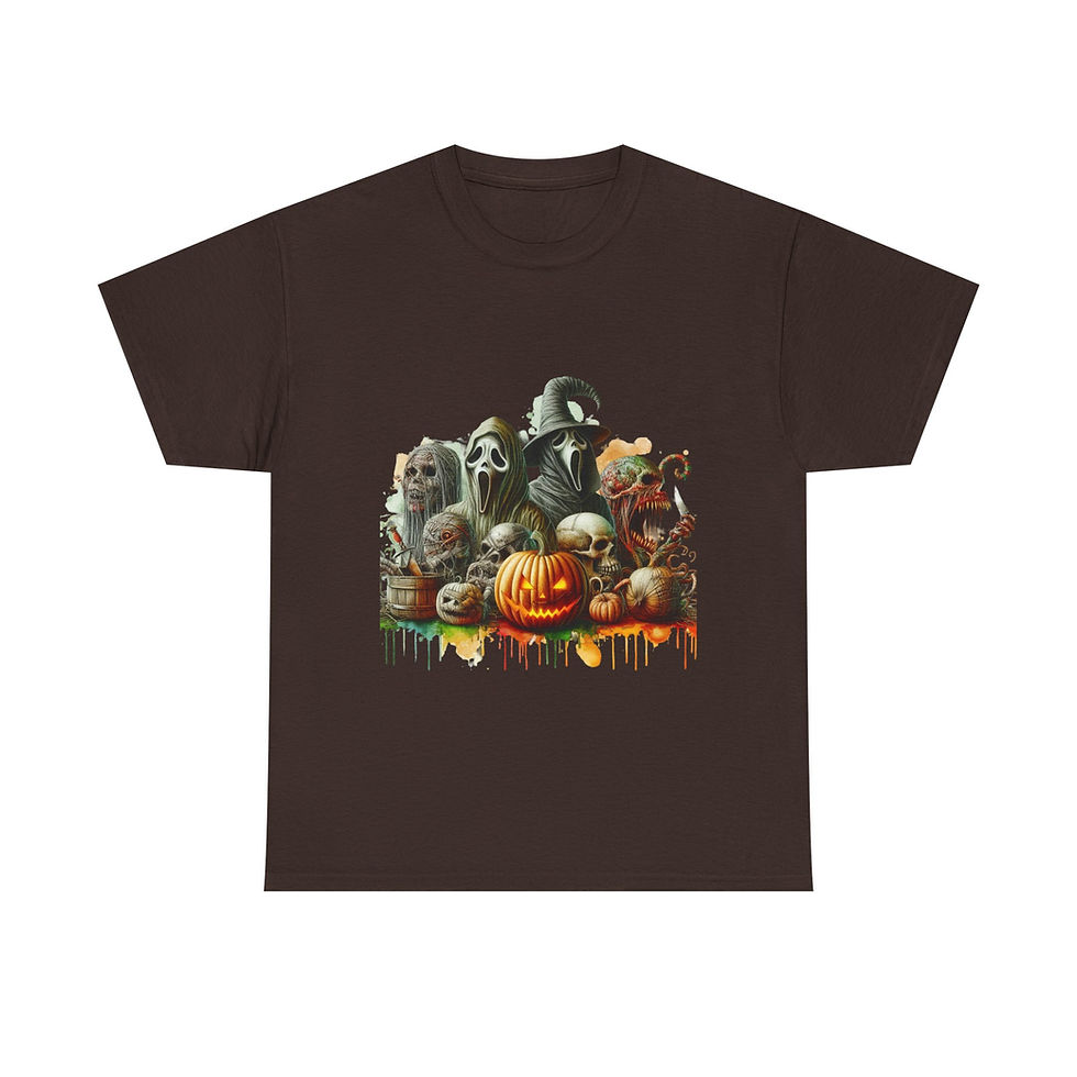 Thumbnail: Brown t-shirt featuring Halloween design with skulls, witches, and pumpkins.
